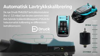 De nye Druck PM620LP lavtrykksmodulene (fra +/- 2,5 mbar) kan brukes sammen med den hybride trykkontrollstasjonen PV624 for helautomatisk kalibrering av differensiale lavtrykksensorer.

